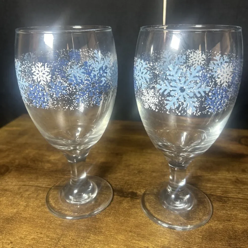 Libbey Winter Snowflake Goblets VTG 7” Blue Water Tea Glasses Christmas Decor